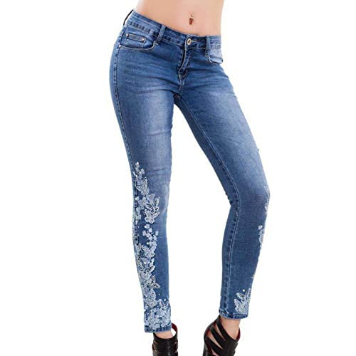 נשים פרחוני רקום ג 'ינס אמצע עלייה סקיני למתוח ג' ינס מכנסיים בציר מודפס דק מתאים מחודד רגל ז ' אן