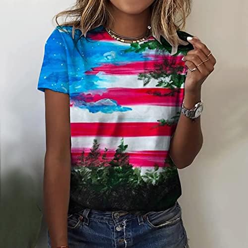 ג'ריצ'י 4 ביולי חולצות נשים, נשים קיץ דגל אמריקאי מקזב הדפס שרוול קצר שרוול טשירטים צוואר צוואר חולצות