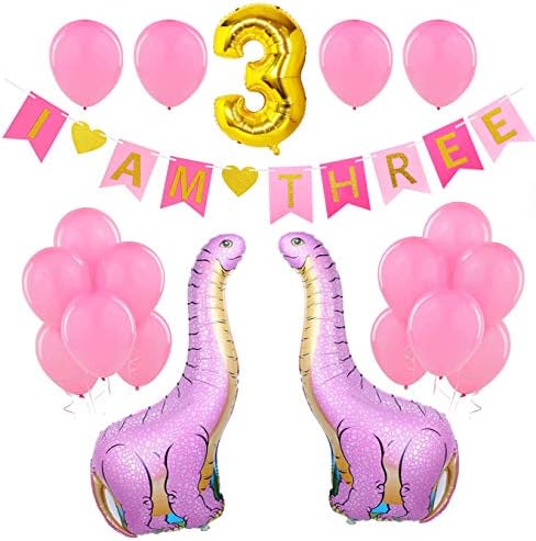 תינוקת שלישית שלישית קישוט יום הולדת שלישי- אני שלוש באנר של שלוש זהב וורוד, בלוני נייר דינוזאור,