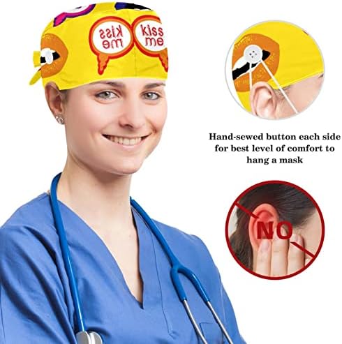 כובע ניתוח כובע בופנט כובע עבודה עם כפתורים ושיער קשת סקרנצ'י לנשים, שיער ארוך, דפוס תהילת בוקר אדום