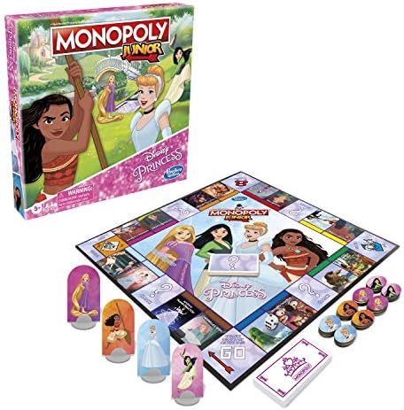 מונופול ג ' וניור: דיסני הנסיכה מהדורה משחק הלוח לילדים בגילאי 5 ומעלה, לשחק כמו מואנה, רפונזל, מולאן,