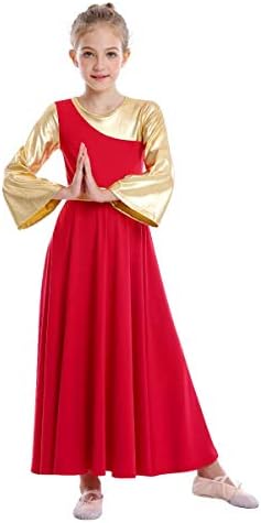 שמלות ריקוד לשבח Ibakom לילדה מטאלית זהב זהב ליטורגי לירי לבגדי ריקוד באורך מלא תלבושת פולחן כנסייה