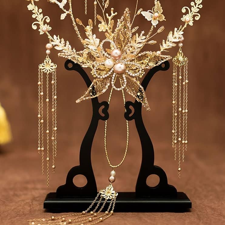Yfsdx זרי חתונה זהב פרחים בעבודת יד חרוזים חרוזים כלה סינית מתכת עגולה מאוורר אביזרים לחתונה