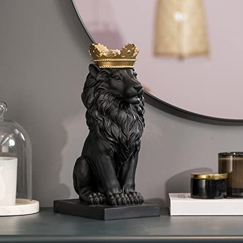 LC LCDECOHOME אריה פסל פסלונים אספניים חיצוניים - כתב זהב שחור עומד אריה עיצוב הבית לשולחן העבודה 9.06 x 5.79