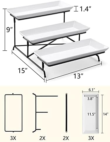 3 שכבות מגש הגשה סט 14 אינץ פורצלן שכבות מגשי הגשה פלטות, מתקפל יציב לעמוד עם יציב צלב ברים, שלוש שכבה הגשה למסיבה