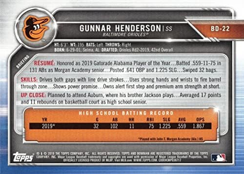 2019 Bowman Draft Baseball BD-22 Gunnar Henderson Card Pre-Rookie-Card 1st Bowman