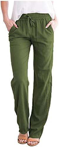 מכנסי פשתן של Wocachi Womens מכנסיים מזדמנים ברגל ישרה מתאימה רגילה מכנסיים המותניים המותניים המותניים עם