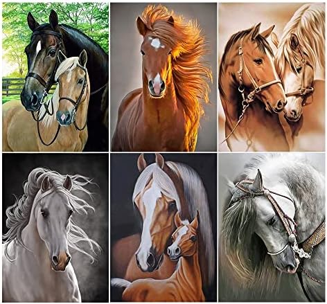 6 ערכות ציור יהלומים של חבילות למבוגרים, מקדחה מלאה עגולה 5D יהלומים ריינסטון רקמה סוסים בעלי חיים תמונות