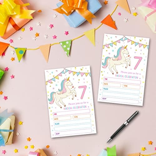 Qupt unicorn Party Handhipment Cards, כרטיסי הזמנות למסיבת יום הולדת 7, מלא את מסיבת יום ההולדת הריקה מזמין