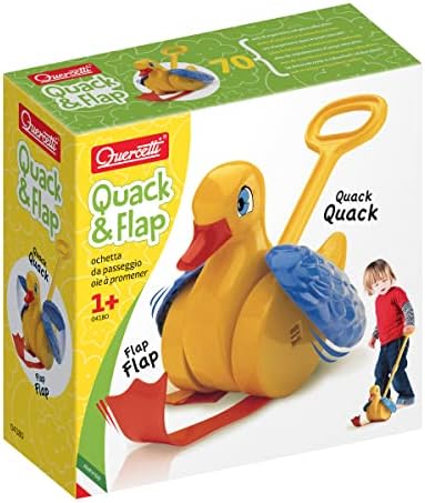 Quercetti Quack ו- Blap Buck Push Toy - משמיע קולות וכנפיים כנפיים כשהוא מתגלגל, עוזר לפעוטות