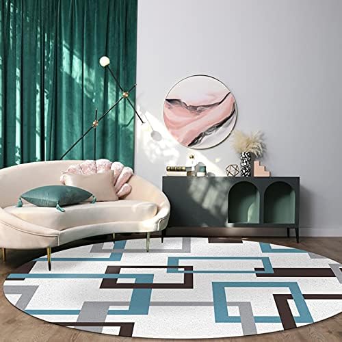 שטיח שטח עגול גדול לחדר שינה בסלון, שטיחים 6ft ללא החלקה לחדר ילדים, דפוס גיאומטרי של אמצע המאה חום חום כחול