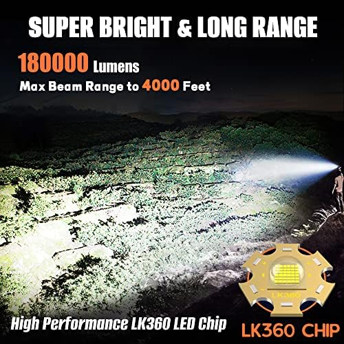 DSSTOC LED נטען פנסים לומן גבוה, 180,000 לומן סופר בהיר פנסים עמידים בפני מים עם סוללה, 5 מצב, פנסים כף יד טקטיים
