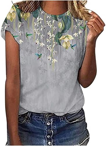 נשים של אופנה כותנה ופשתן חולצות רופף קצר שרוול פרחוני מודפס חולצות טמפרמנט צווארון עגול חולצות